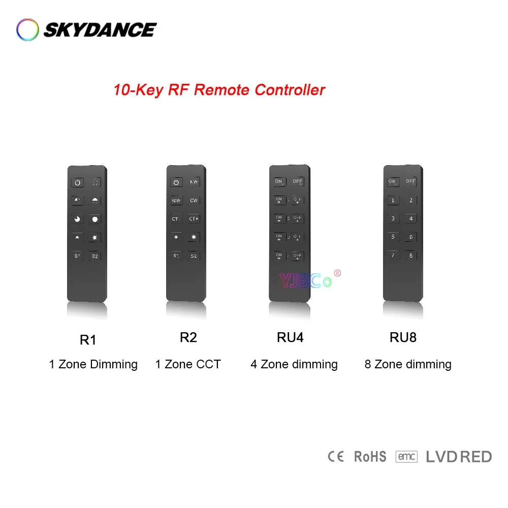 

Skydance 1 4 8 Zone Dimming R1 R2 RU4 RU8 10Key RF Wireless Remote switch for Dual Color Single Color LED Controller Receiver