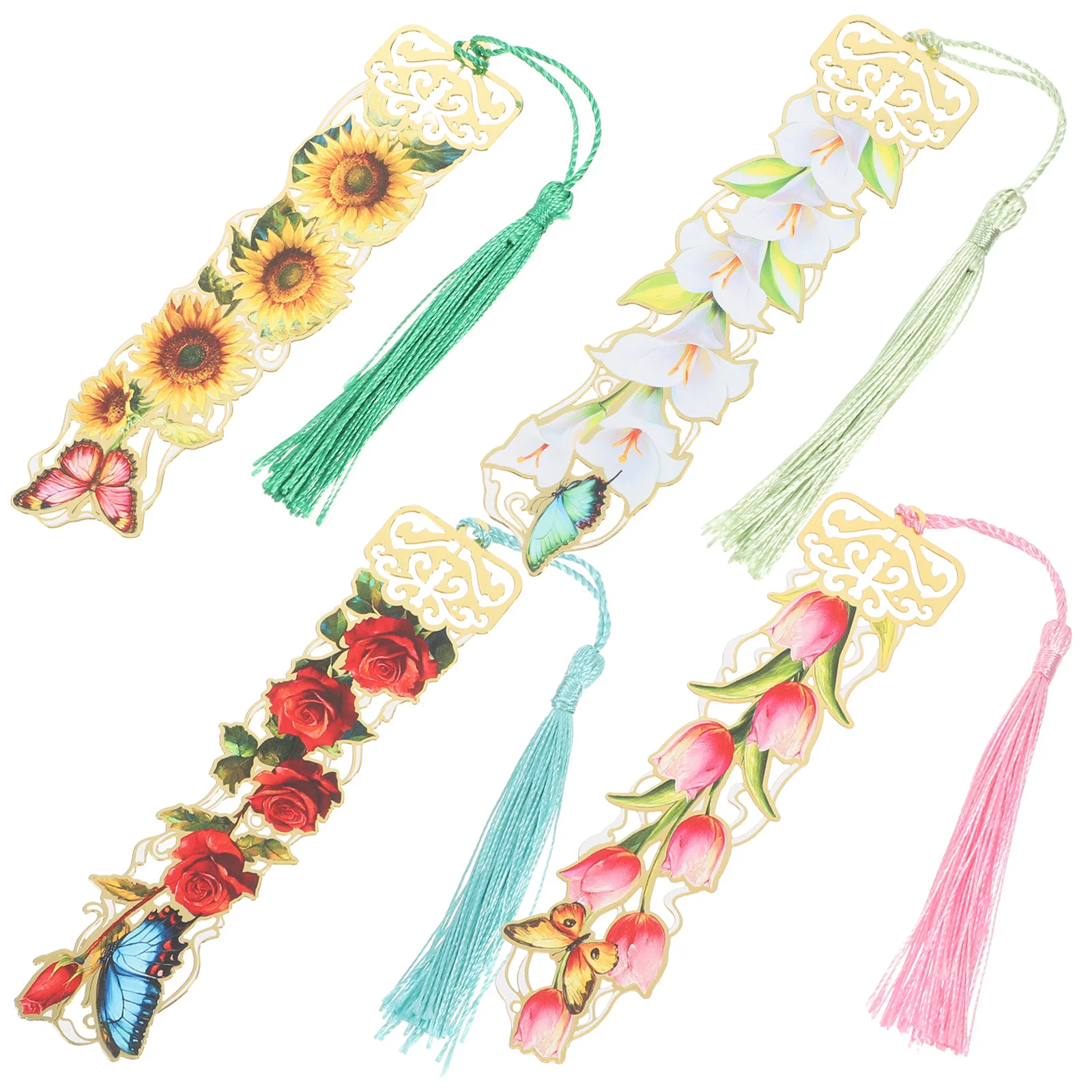 

4pcs Metal Flower Bookmarks Tassel Bookmark Unique Design Titanium Alloy Elegant Reading Accessories Decorative Book