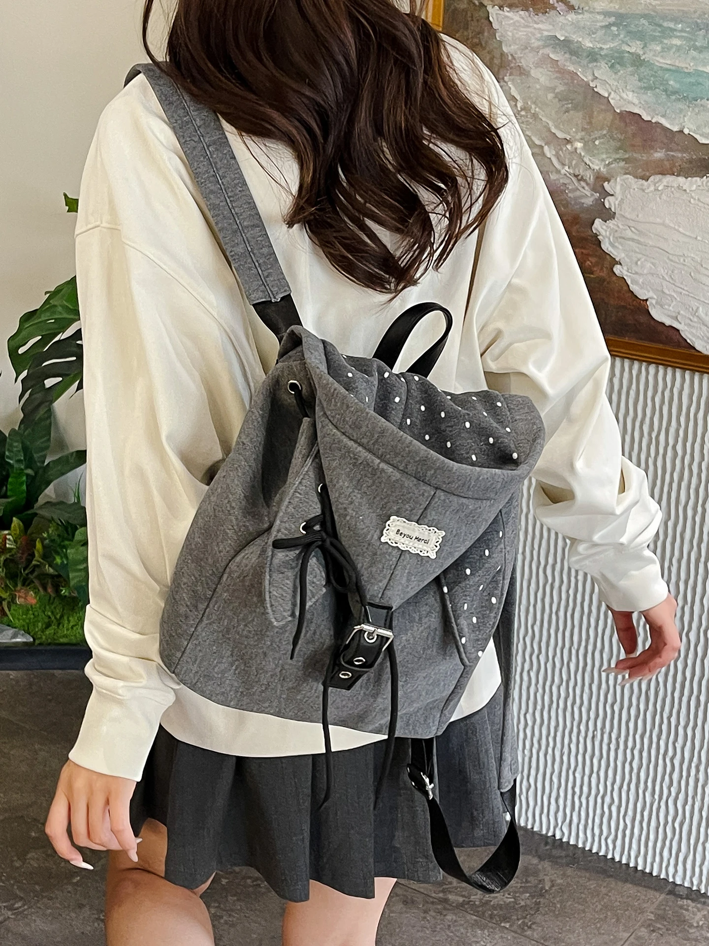 gray-rabbit-ear-polka-dot-design-commuter-backpack-drawstring-flip-cover-for-girls-sweet-cool-style-student-bookbag