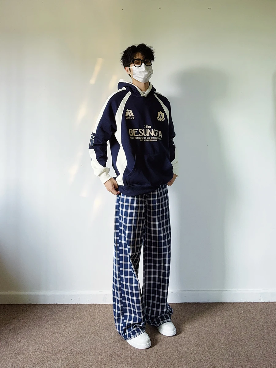 

American Retro Plaid Lazy Sle Casual Pants Loose Straight Leg Wide Leg Pants ex Long Trousers High Waist Zipper