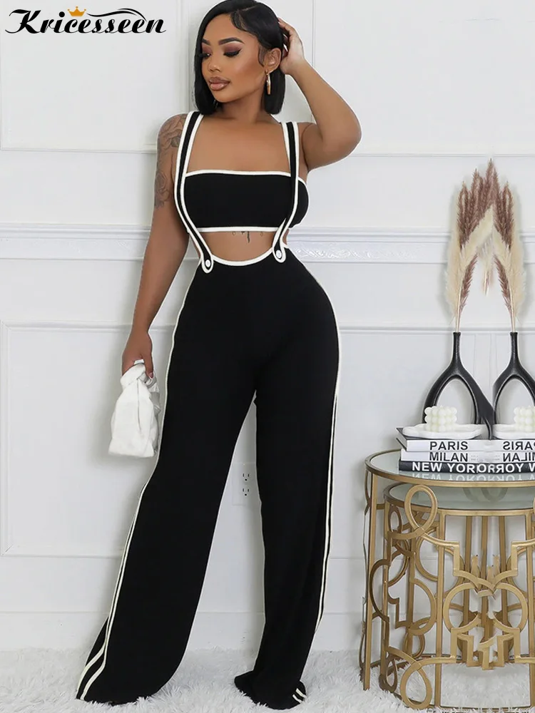 

Kricesseen Elegant Patchwork Buttons Strapless Tube Top And Matching Pant Two-Piece Set Fitted Wide Legs Jumpsuits Club Overalls