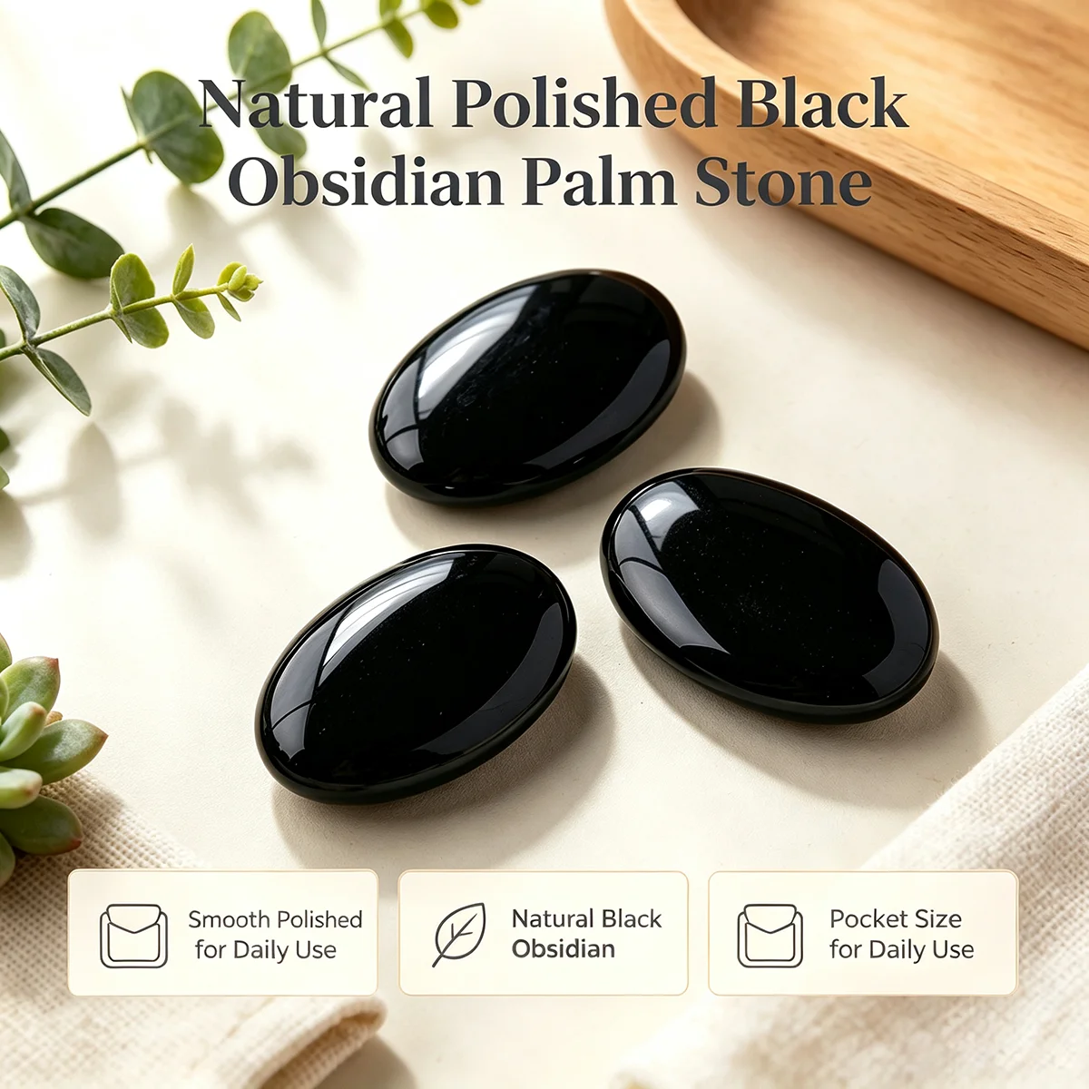 1pc Black Obsidian Palm Stone, Natural Polished Oval Worry Stone, Pocket Crystal Massage Stone, Desktop Decor Gift