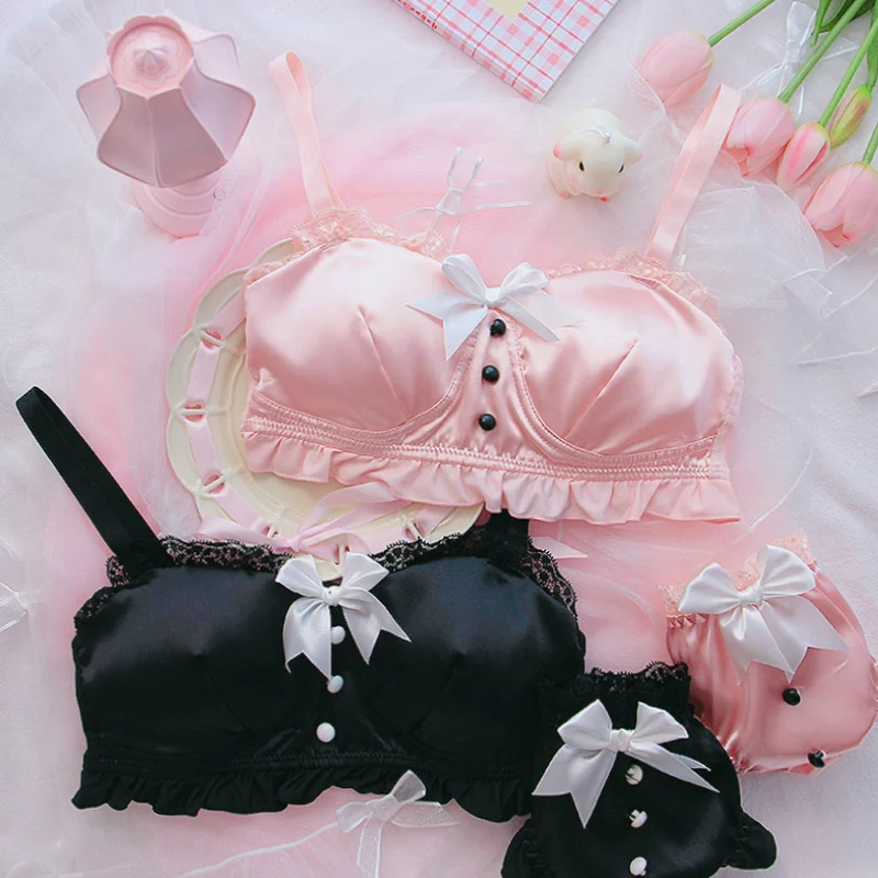 Japanese sweet retro girl lingerie small chest underwear soft cute bow home wear sleep confortable no steel ring bra set