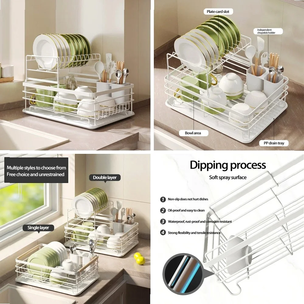 

Двухуровневая металлическая сушилка для посуды с держателем для столовых приборов и поддоном для слива воды для хранения на кухонной столешнице
