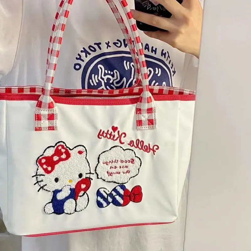 Soshow Embroidered Hellokitty Tote Bag Cute Sweet Girl Exquisite Soft Leather One Shoulder Handbag Casual Sports Bag