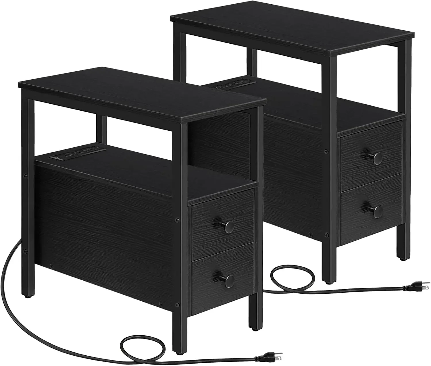 Set of 2 End Tables with Charging Station, Narrow Side Table with Drawers & USB Ports & Power Outlets, Nightstand for Sma