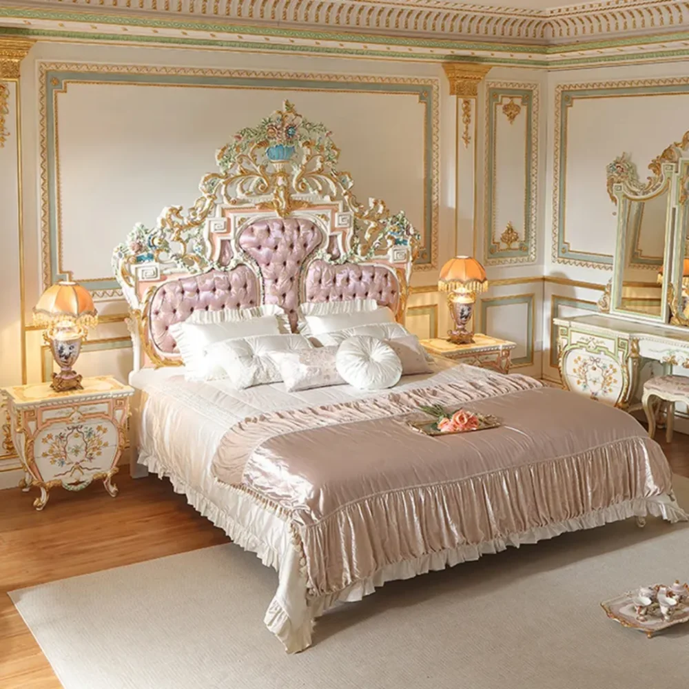 European Luxury Customized King Size French Rococo Style Tufted Storage Bedroom Set Solid Mahogany Hand Carved Hotel Villa