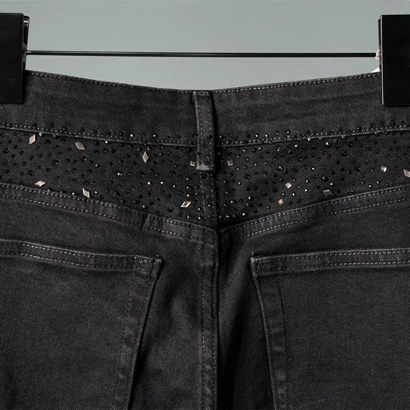 New Slimming Jeans Men's Babysbreath Hot Diamond Black Denim Trousers Trendy Versatile Elastic Small Feet Starry Sky Denim Pants
