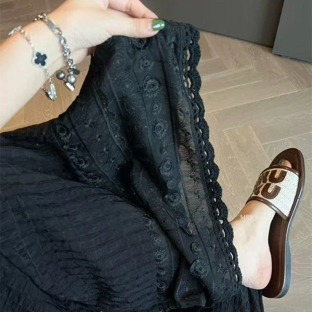 بسيطة مرنة الصناعة الثقيلة السراويل منقوشة جوفاء الدانتيل الربط كسول واسعة الساق السراويل عطلة نمط تصميم السراويل عارضة