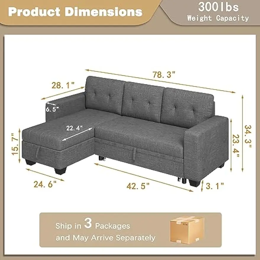 Sofa Sofa Bed L Shaped Sectional Couch with Reversible Storage Chaise Lounge Modern Fabric Pull Out Couch Couch Bed for Living