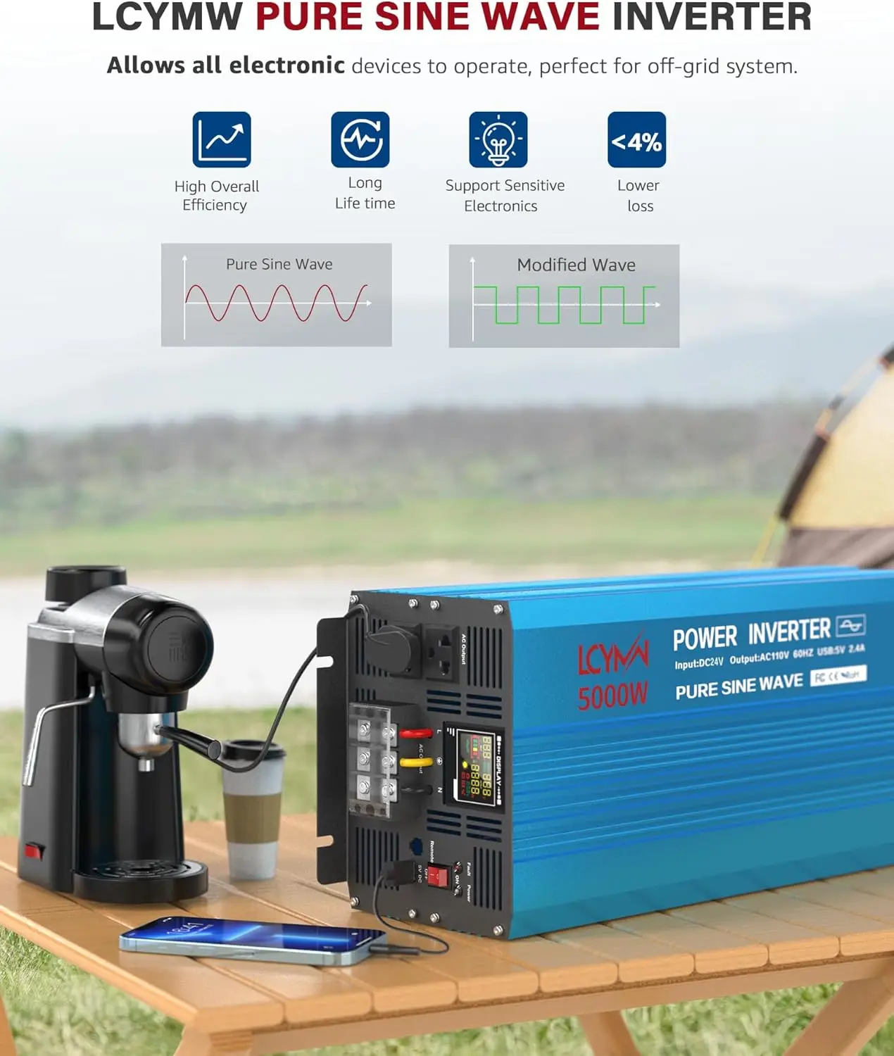 Power Inverter 5000 Watt Pure Sine Wave 24V DC To 110V/120V AC 10000W Peak Converter for Family RV Solar System