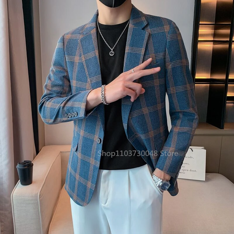 

Fashion Plaid Men's Blazer One Button Notch Lapel Check Suit Jacket for Wedding Slim Fit Wedding Jacket Business Only One Coat