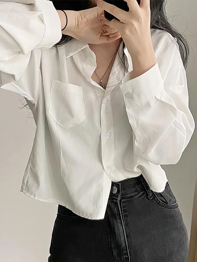 Long sleeve Polo Neck Oversize Cropped Shirt Women Korean Button up Cool Blouse Female Casual Short Tops