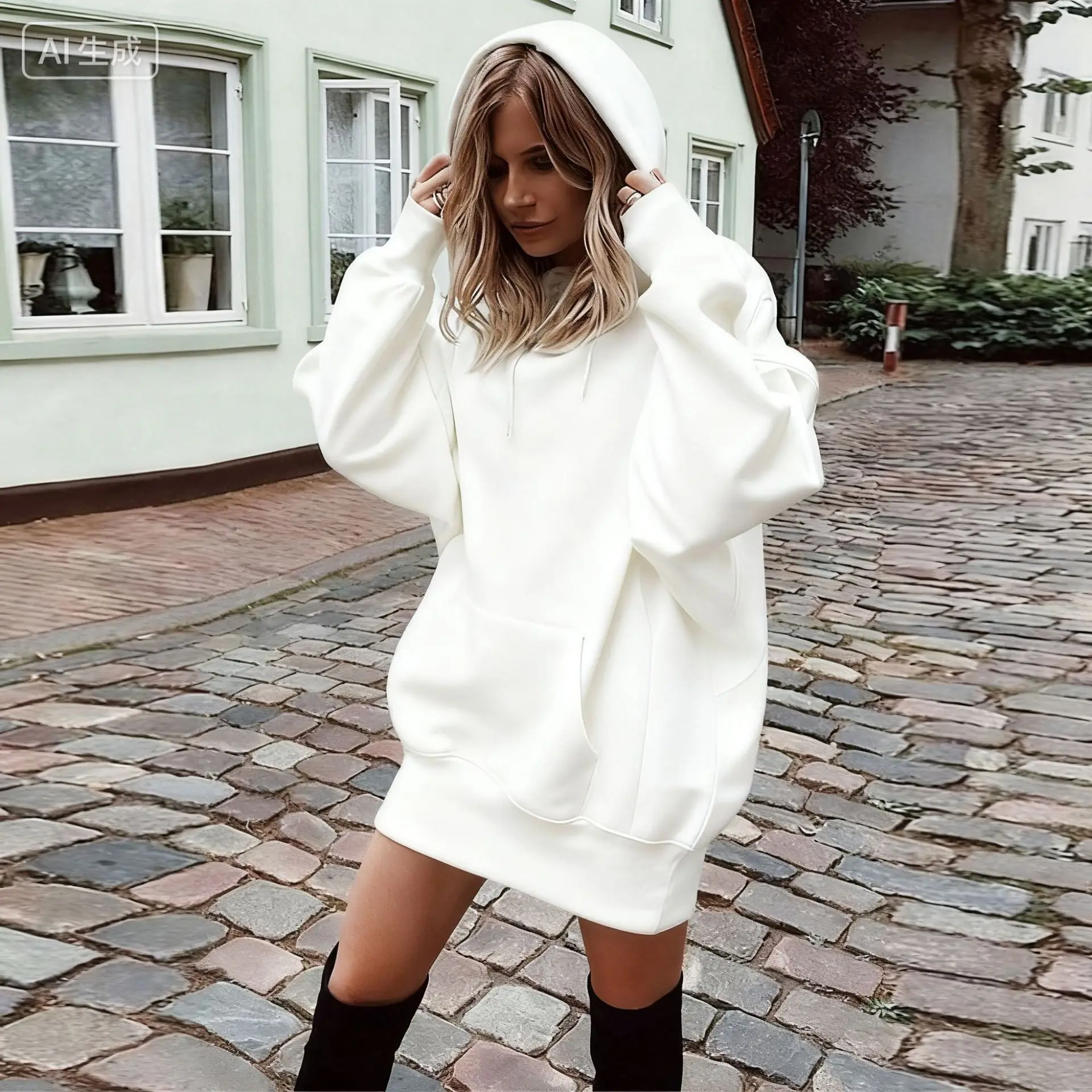 Oversized Hoodie Dress Women Loose Long Sleeve Pocket Drawstring Sweatshirt Dress Casual Streetwear Daily Wear Warm Pullover