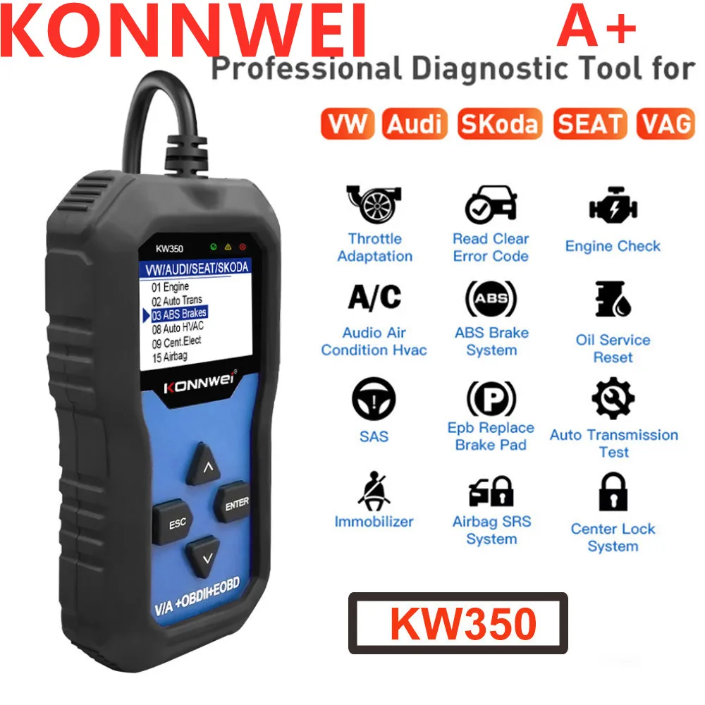 Best quality KONNWEI KW350 OBD2 Code Scanner for Car VAG with ABS Airbag Reset Oil Service Light EPB Diagnostic Tool A+++