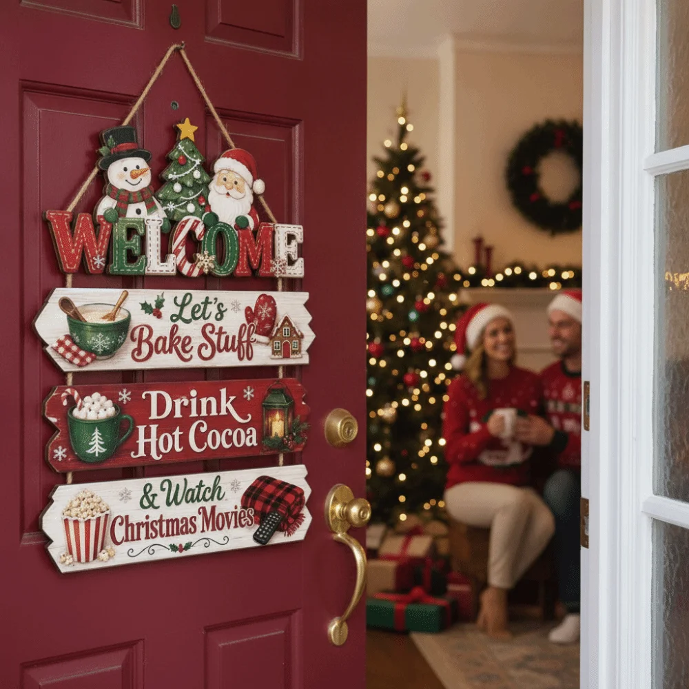 Xmas Tree Decor Tiered Christmas Door Sign Rustic Vintage Wooden Plaque Multi-layered Handcrafted Hanging Welcome Board Office