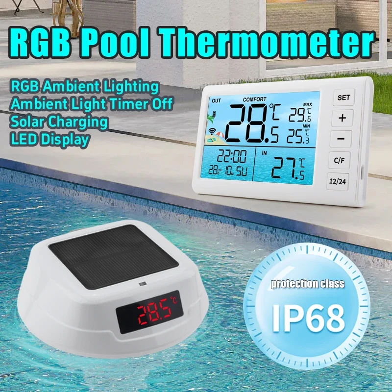 HEDAO Solar-powered Outdoor Waterproof Swimming Pool Thermometer with Timer-controlled Function Suitable for Swimming Pools