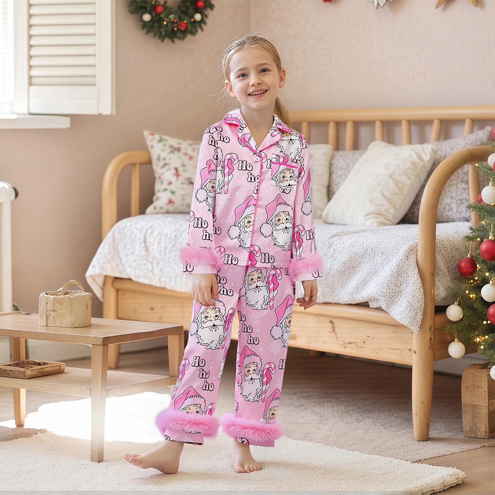 Família combinando conjuntos de pijamas de natal santa carta férias cetim loungewear pijamas pai mãe crianças pijamas natal olhar pijama