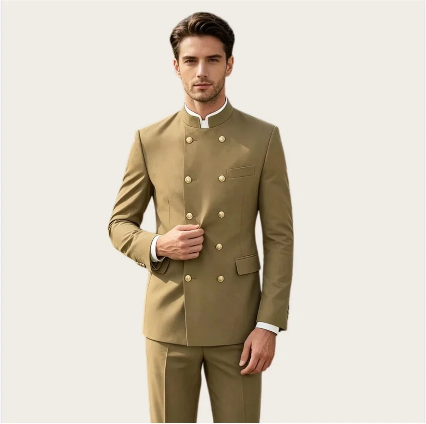Men's Suit Solid Color Double Breasted Stand Collar 2 Piece Set Gold Button Chinese Style Blazer Business Wedding Tuxedo Pants