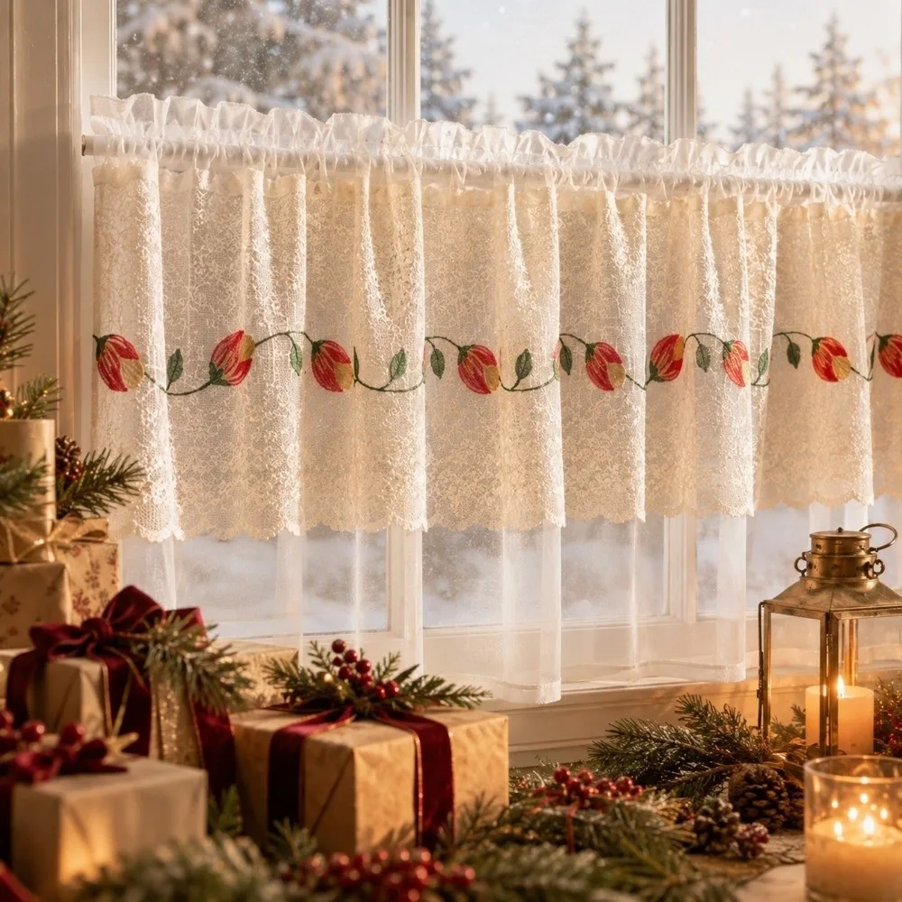 Sheer Voile Floral Lace Curtains Dust-Proof Lace Trim Embroidered Curtains Light Blocking Window Drapes Indoor Use