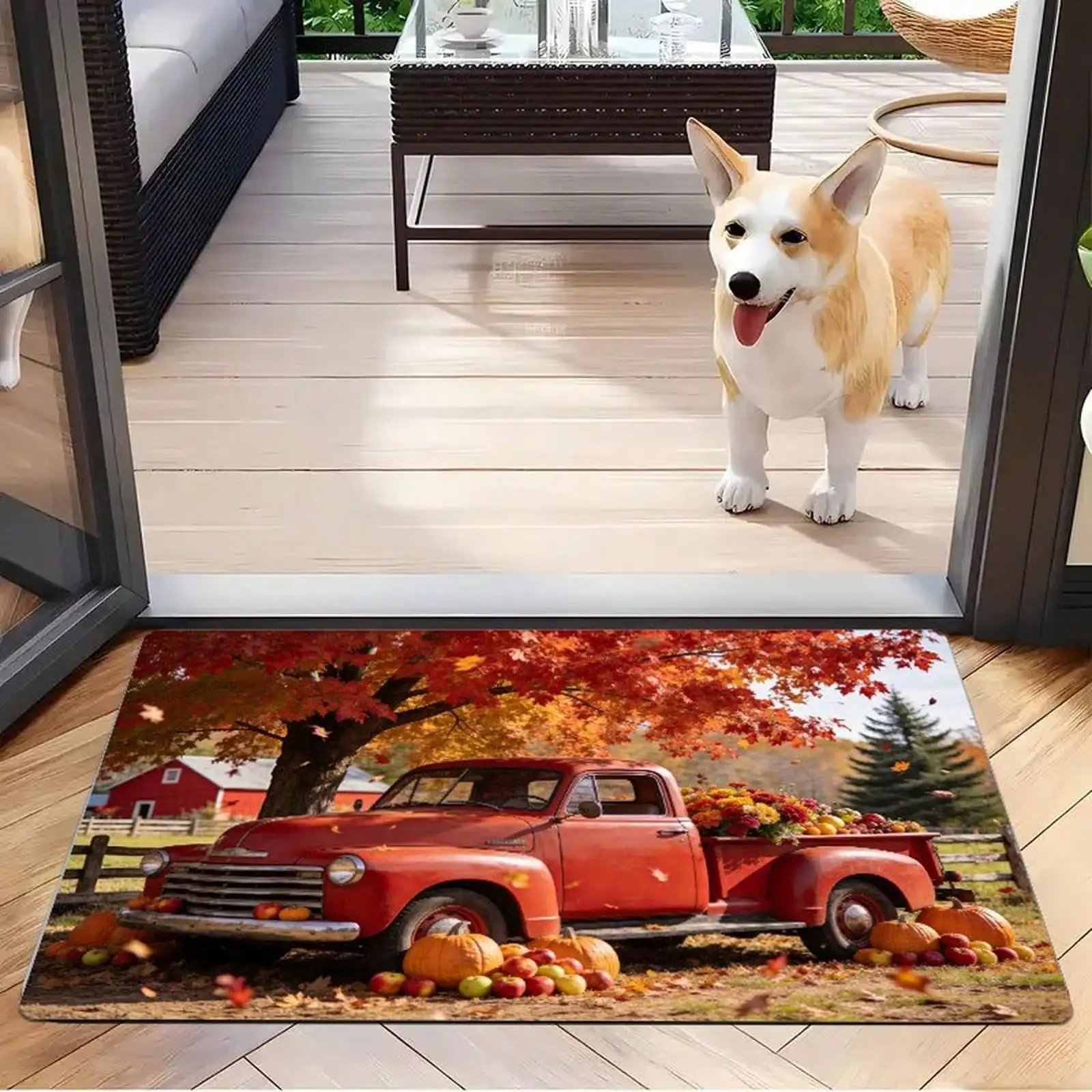 1pc Vintage Red Truck Autumn Harvest Maple Leaf Pumpkin Doormat, Made Of Flannel, Soft, Comfortable And Washable, Suitable For Porch Entrance, Living Room