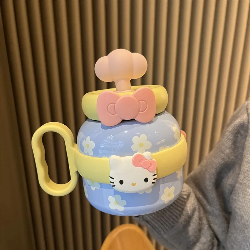 sanrio Hello Kitty Cute Big Belly Thermos Cup with Straw for Girls High-Looking Portable Handle Student Cup Holiday Gift