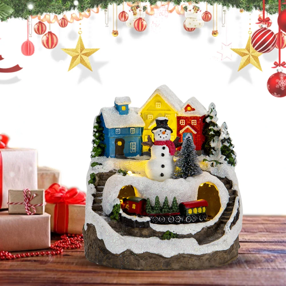 

Resin Christmas Village Building with LED Lights and Music Rotating Train Luminous Music House Christmas Glowing Resin Ornament