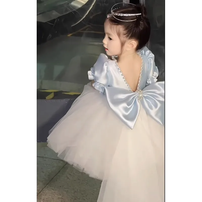 High-end Blue Baby Girl Dress Princess Dress Piano Performance Girl Birthday Flower Girl Puffy Dress with Bow Sweet