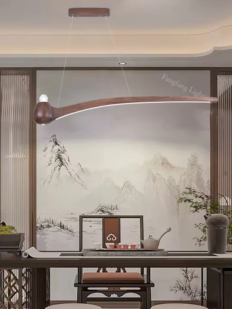 Chinese Solid Wood Long Linear Full Spectrum LED Pendant Lights Dimmable Indoor Hanging Lamps Kitchen Dining Living Room Office