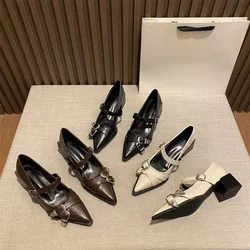 Spring Women's High Heels Sexy French Style Pointed Shoes Metal Decoration Paired Skirts Elegant Banquet Fashion Mary Jane 2025