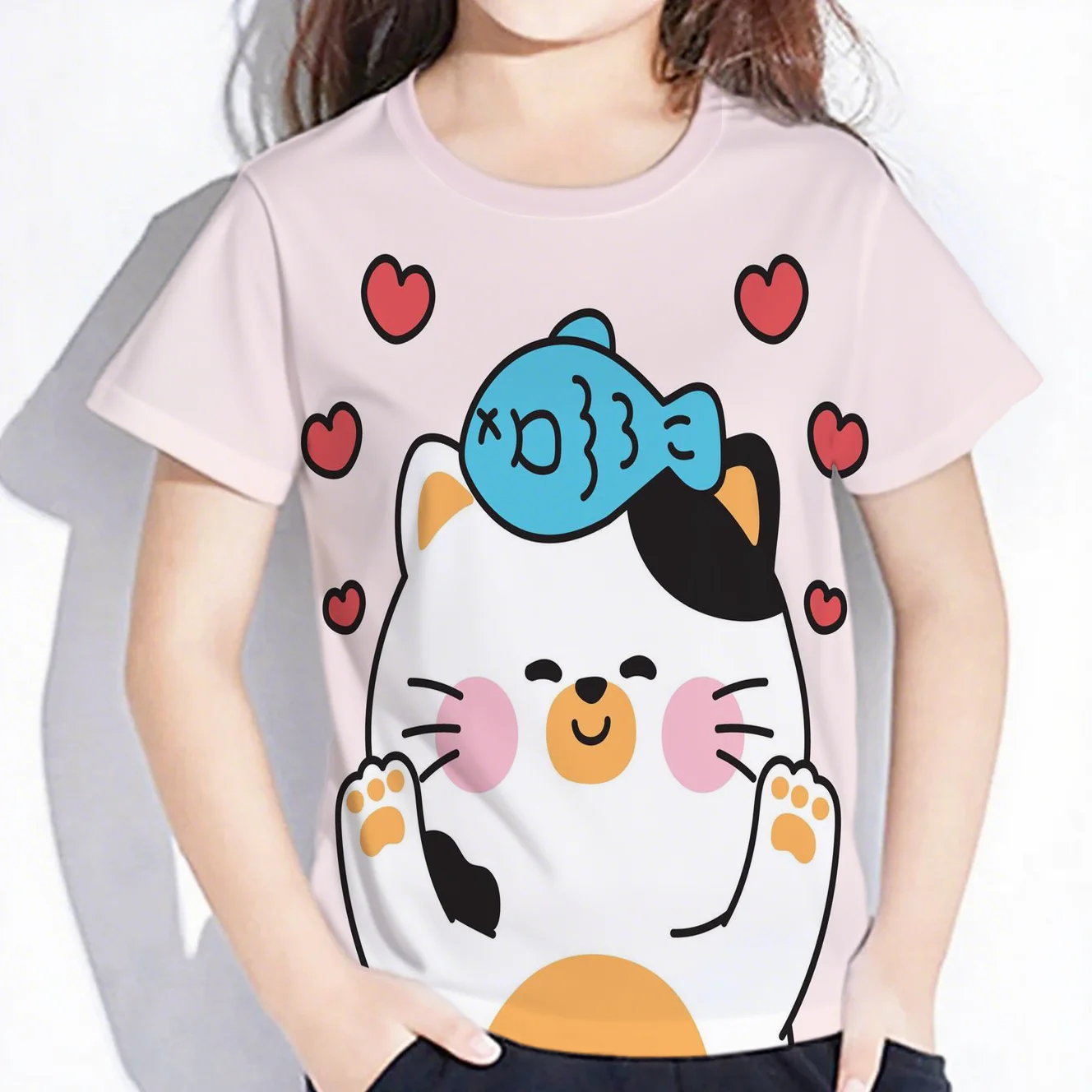 

Girl Clothes Lovely Cat Graphic T-Shirt Cartoon Animals Printing Baby Clothes Short Sleeve Girls Loungewear 2-10y Polyester Tops