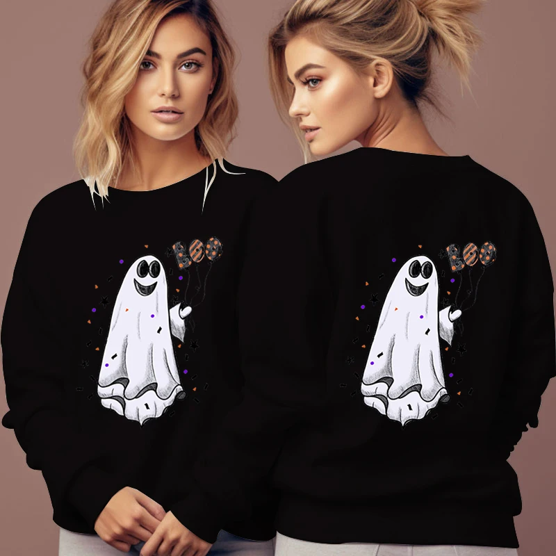 Women's Autumn Basic Sweatshirts Boo Ghost Funny Print Pullover Round Neck Fashion Trend Tracksuit Happy Halloween Party Hoodies