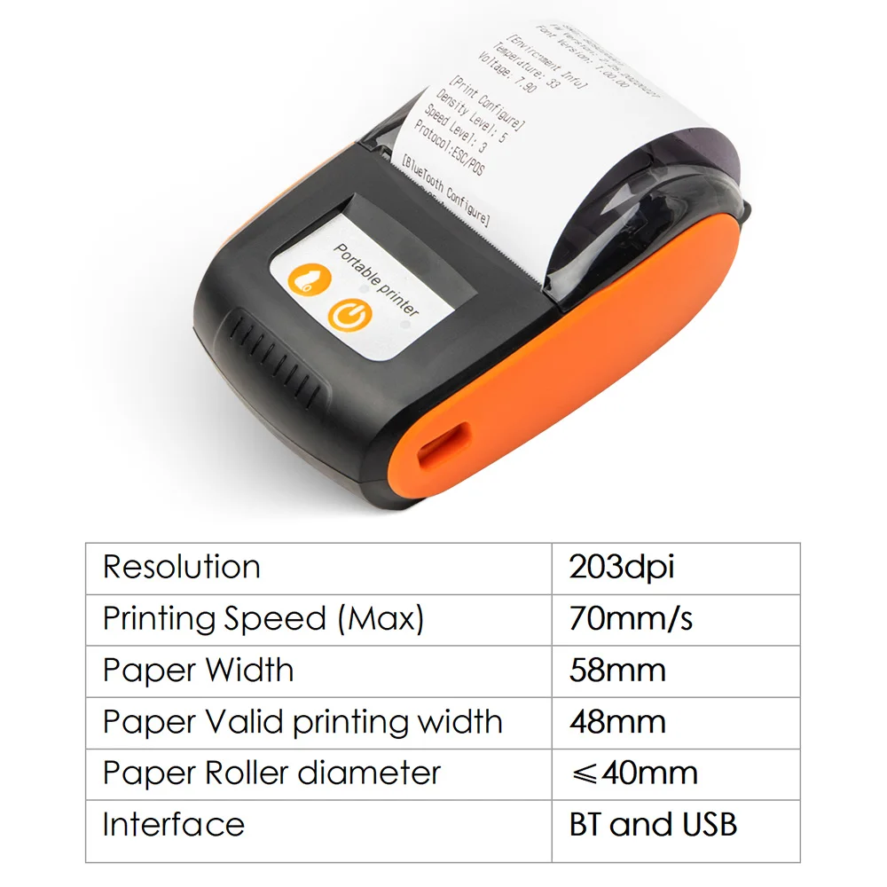 Portable Receipt Printer 58mm Mini Thermal Printing Wireless BT USB Mobile Printer with 2 Inch Thermal Paper Roll