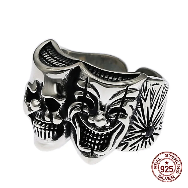 S925 Sterling Silver Ring Hip Hop Rock Punk Good Evil Two Faced Joker  Domineering and personalized retro jewelry