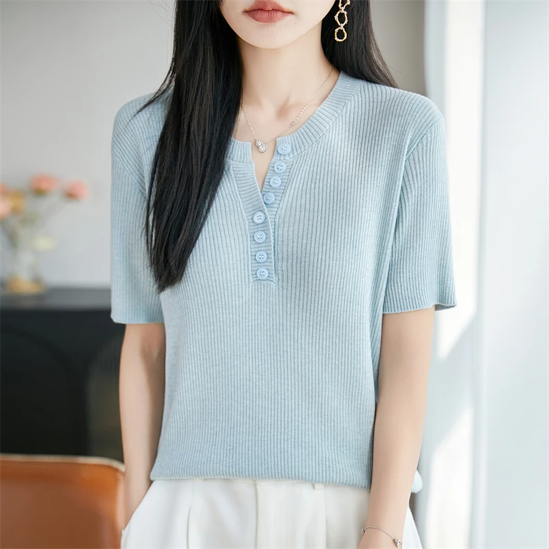 

Summer new wool women's short sleeved knitted casual round neck T-shirt loose pullover women's T-shirt fashionable hot selling