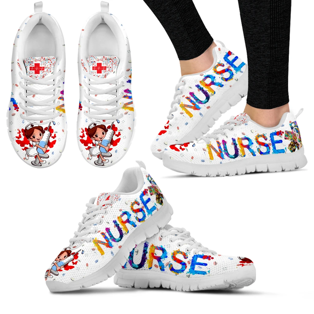 

INSTANTARTS Cute Hospital Cartoon Nurse Girls Pattern Sneakers Shoes for Women Breathable Lace up Flat Shoes Comfort Zapatillas