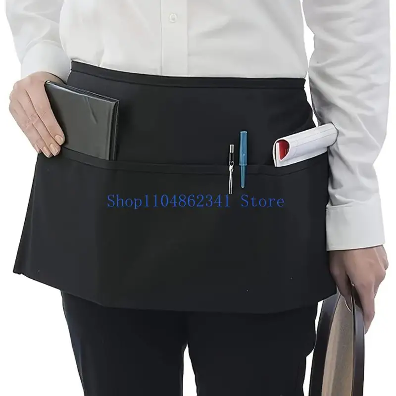 5asd Short Server Waitress Chefs Apron, Black Waist Aprons with 3 Pockets Half Apron for Waiter Cooking Dishwashing Cleaning