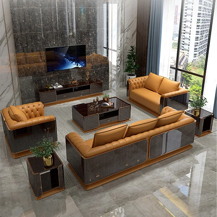 Sofás Chesterfield modernos, conjunto de sofás italianos de sección de cuero auténtico de alta gama, muebles para el hogar, Hotel y sala de estar con mesa de centro