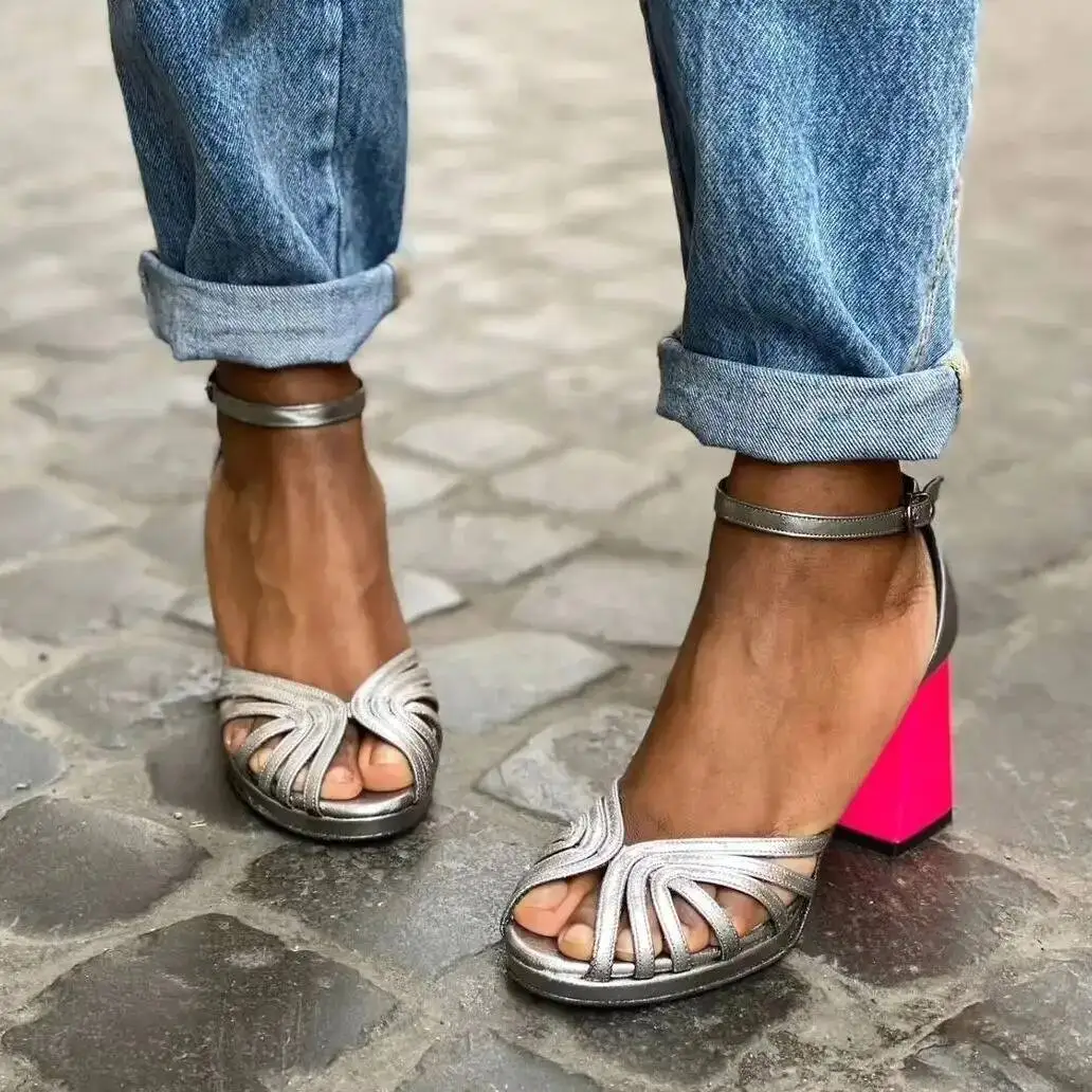 Women's Gold Sandals Ankle Strap Block Heel Peep Toe Party Shoes image 2