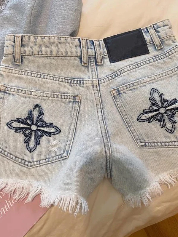 

plus Size Women's High Waist A-Line Denim Shorts Embroidered Frayed Hem Korean Style Summer Commute Polyester Fiber