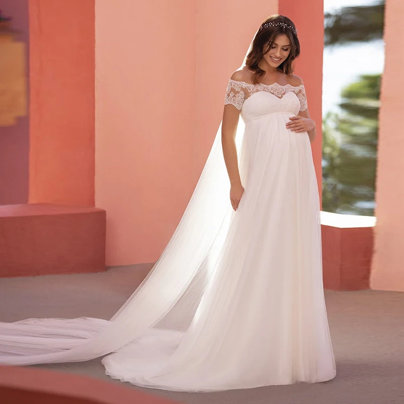 Long Wedding Dress For Pregnant Woman Short Sleeves Boat Neck Empire A-line Bridal Gown with Veil Maternity Women robe de mariée