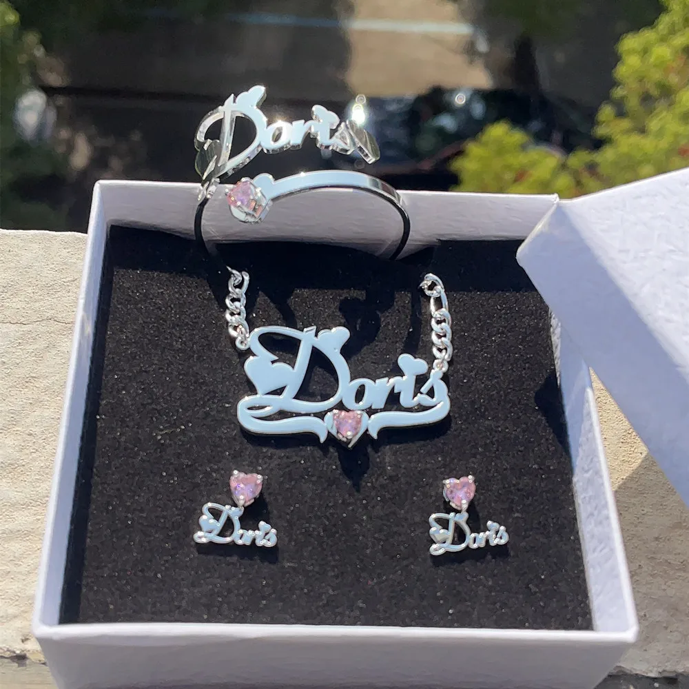 Lulu's Heart Zircon Custom Name 3pcs Jewelry Set for Girls Birthday Stone Nameplate Pendant Necklace Bangle Earrings Studs Gift