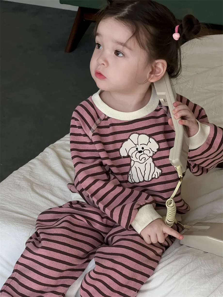 2024 Autumn New Baby Casual Striped Clothes Set Infant Girl Long Sleeve Cartoon Sweatshirt + Pants 2pcs Suit Toddler Outfits