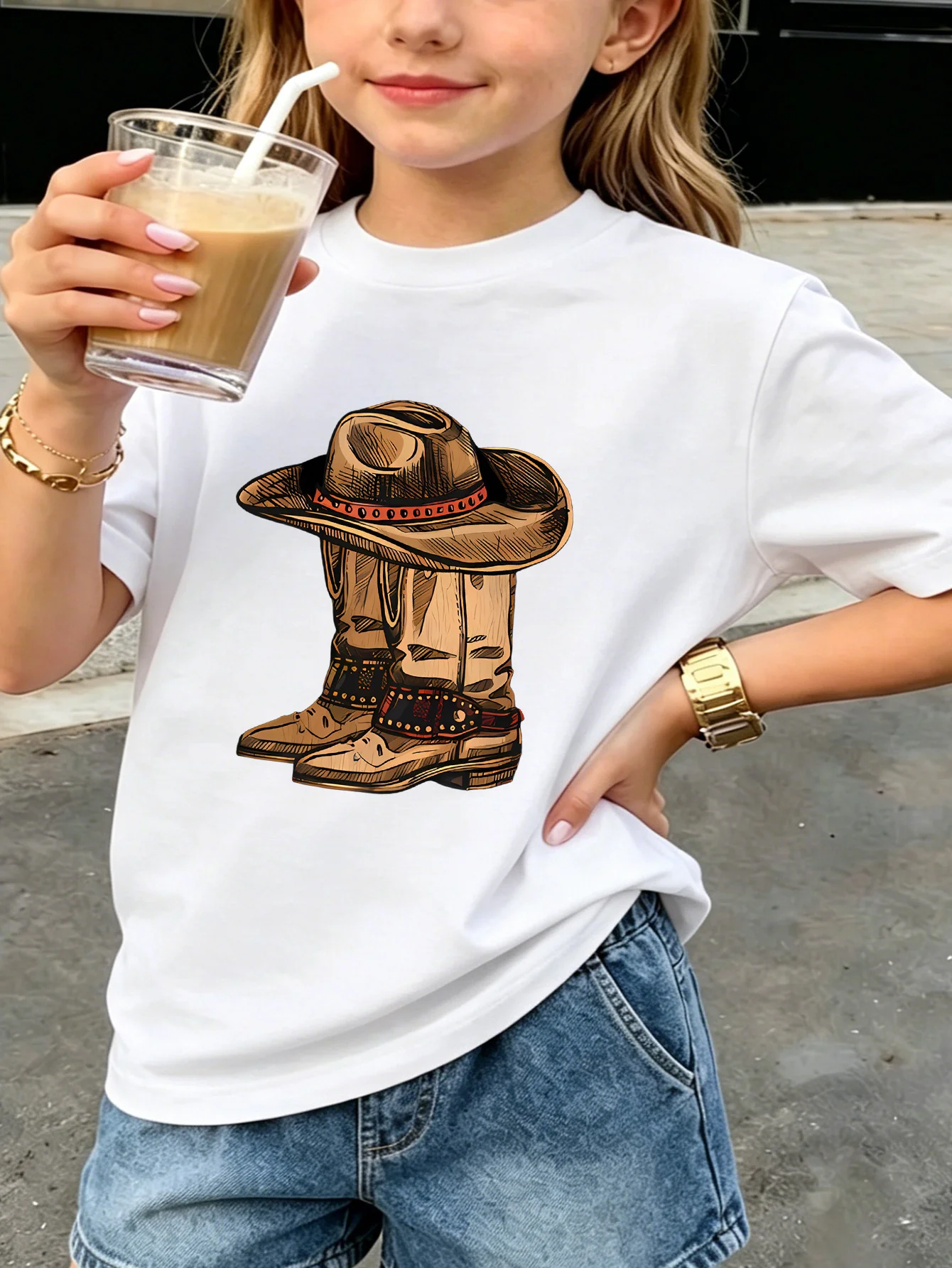 Kids T Shirt Vintage Western Cowboy Hat And Boots Retro Graphic Short Sleeve Cotton Tops For Boys Girls Daily Casual Outfit