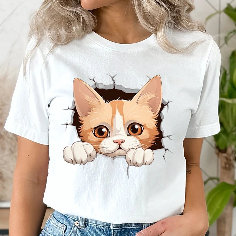 Cute Cat Looking Through Wall Cartoon T-shirt Female Cute Animal Lovers T-shirts Cracked Wall Cartoon Cat Print Casual T-shirts