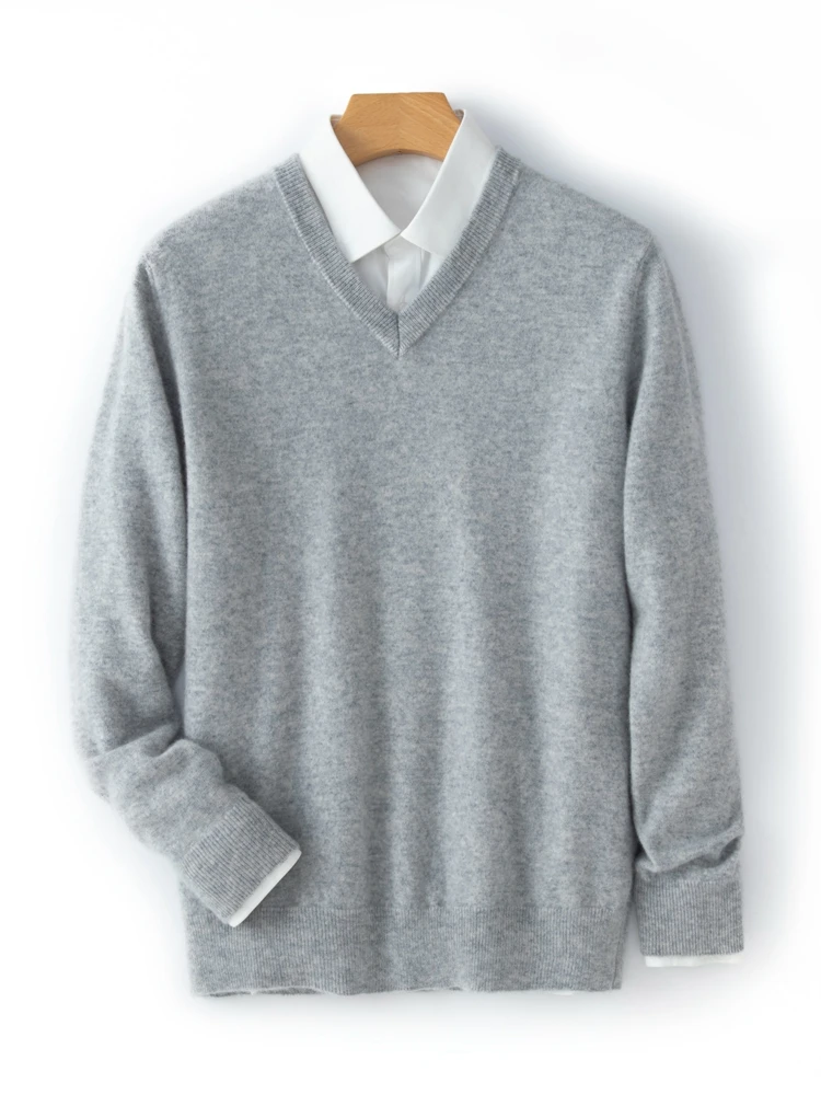 

100% Merino Cashmere Men's V-neck Autumn Winter Casual Fashion Base Knitted Sweater