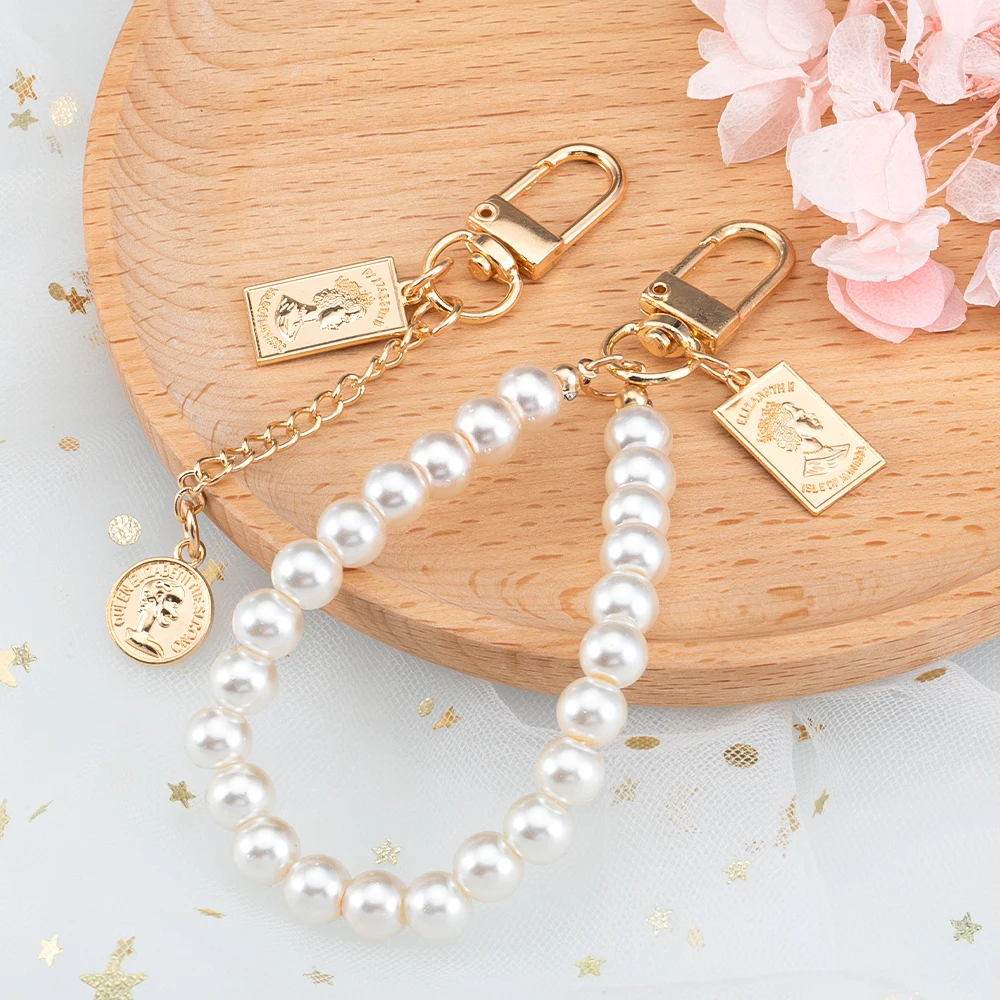 1pc Metal Relief Figure Pendant Y2K Phone Charm Imitated Pearl String Keychain Bag Phone Strap Cellphone Lanyard Keyring Jewelry