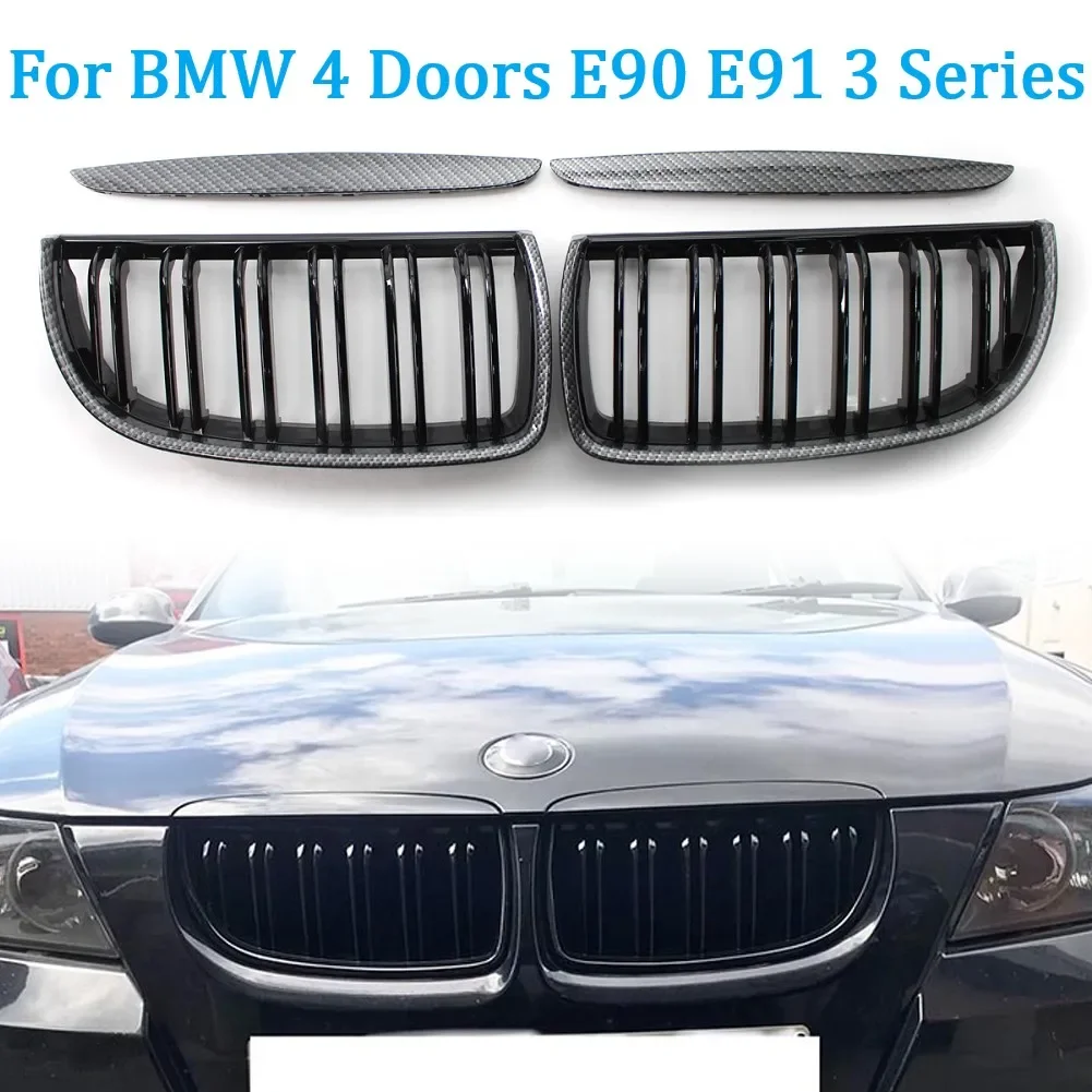 

Pair Car Carbon Look Front Kidney Double Slat Grille Grills For BMW E90 E91 3 Series 2005 2006 2007 2008 51137120008 5113712007