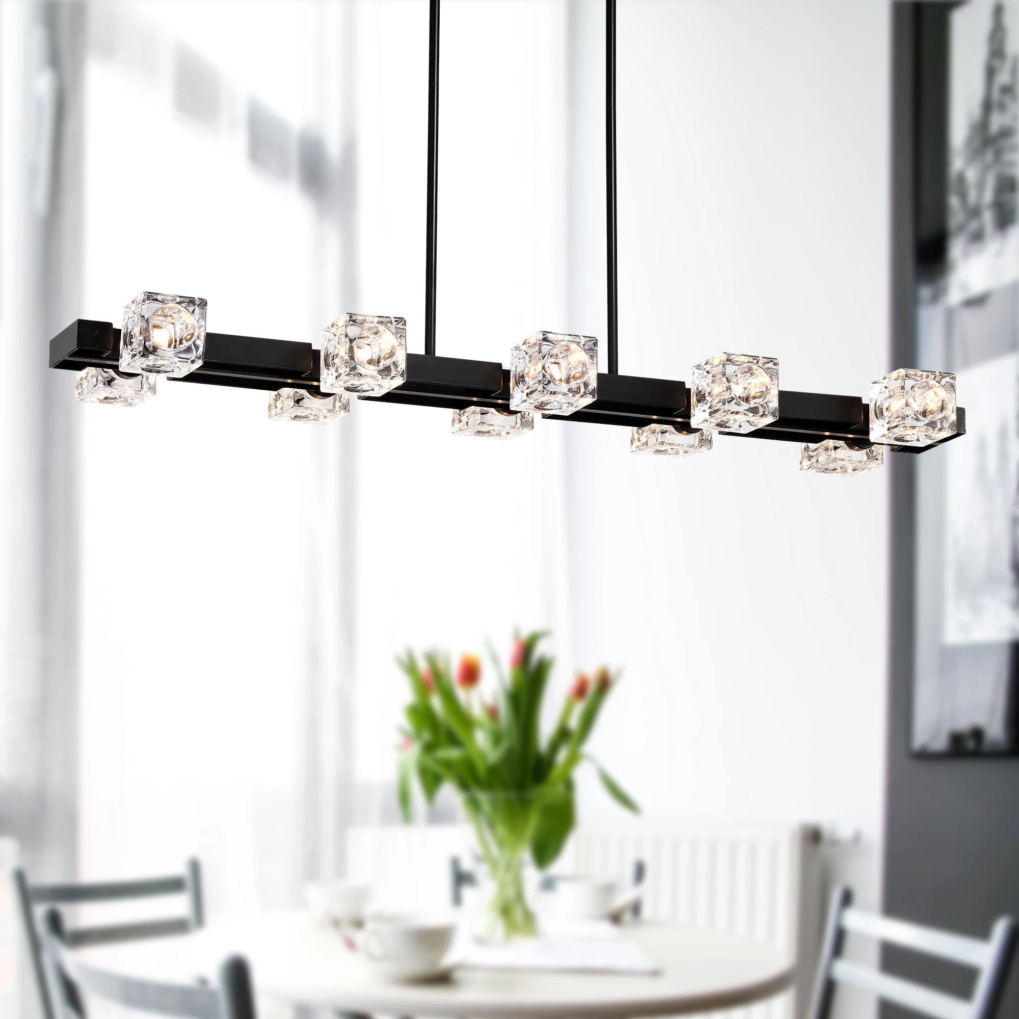 Rectangle Chandelier for Dining Room, 8-Light Black Farmhouse Linear Pendant Light Fixture, Modern Crystal Hanging Lighting Chan