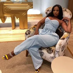 Vintage Denim Two Piece Sets Women Sleeveless Strapless Slim Fit Vest Top and Elastic High Waist Pocket Straight Wide Leg Pants